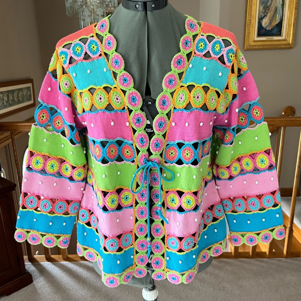 Design Options M L Colorful Open Crochet Sweater Cardigan